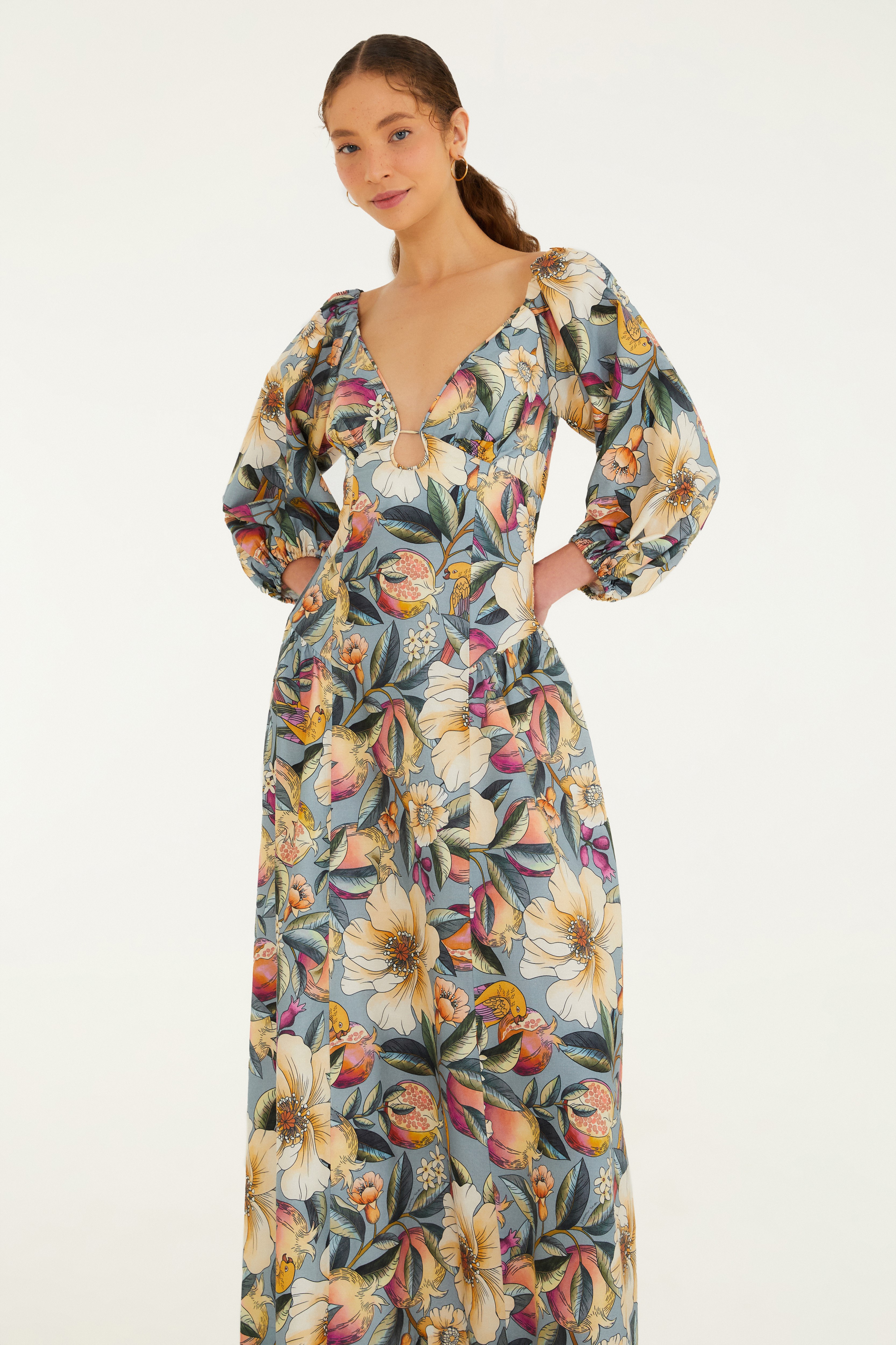 Vestido Longo Manga Estampado Romance De Flor