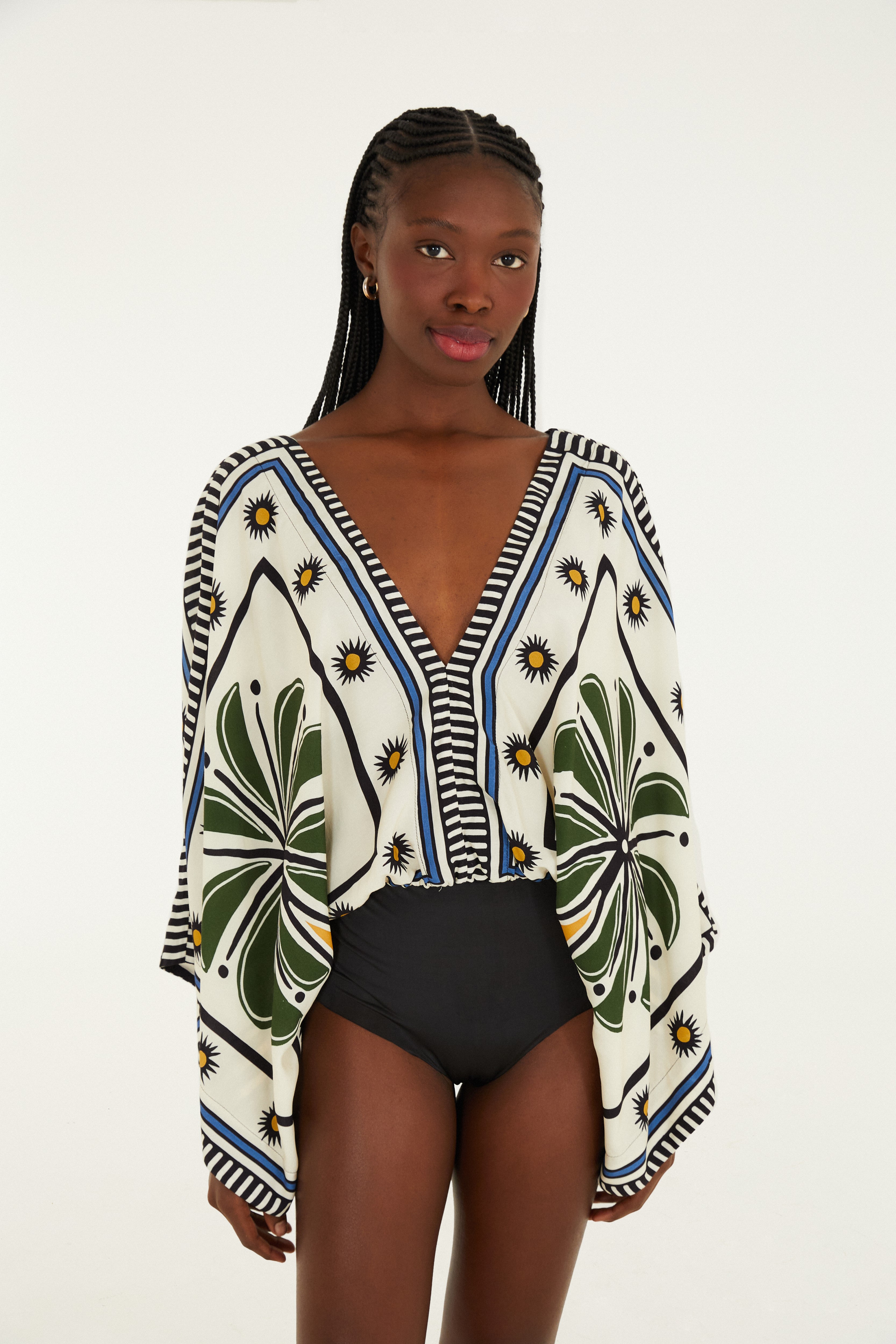 Body Manga Estampado Jardim Tropical