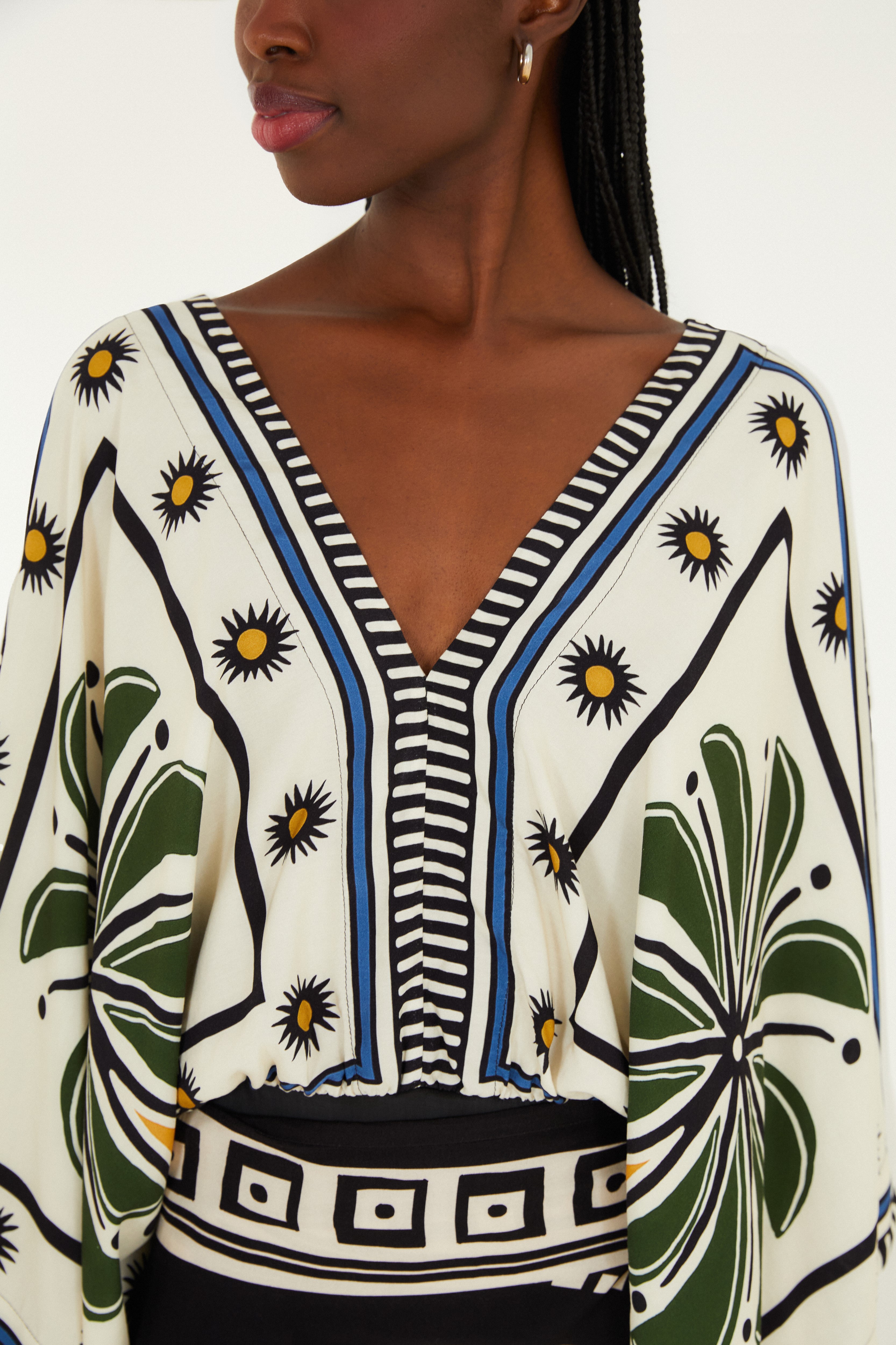 Body Manga Estampado Jardim Tropical