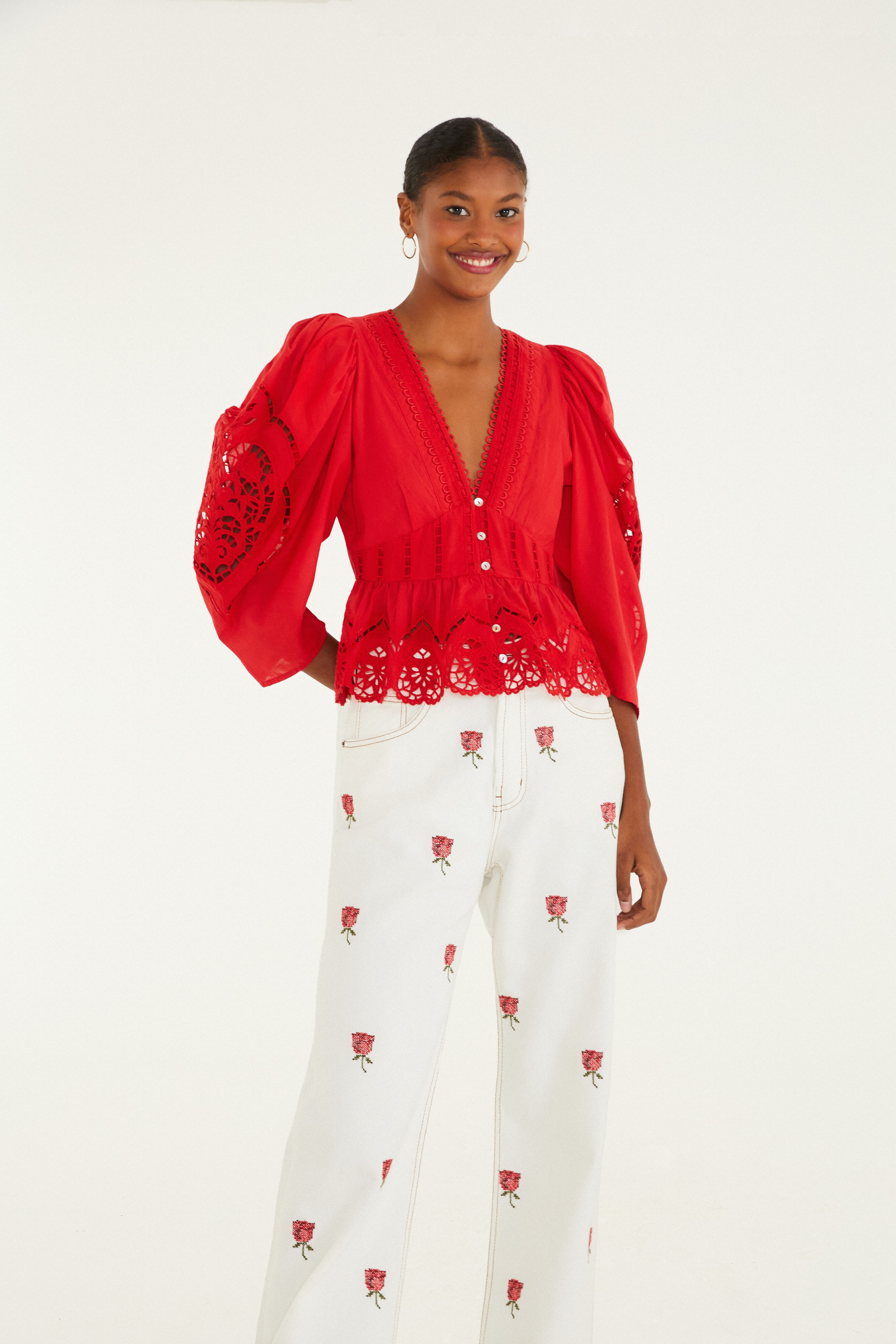 Calça Sarja Wide Bordada Flor Rosália