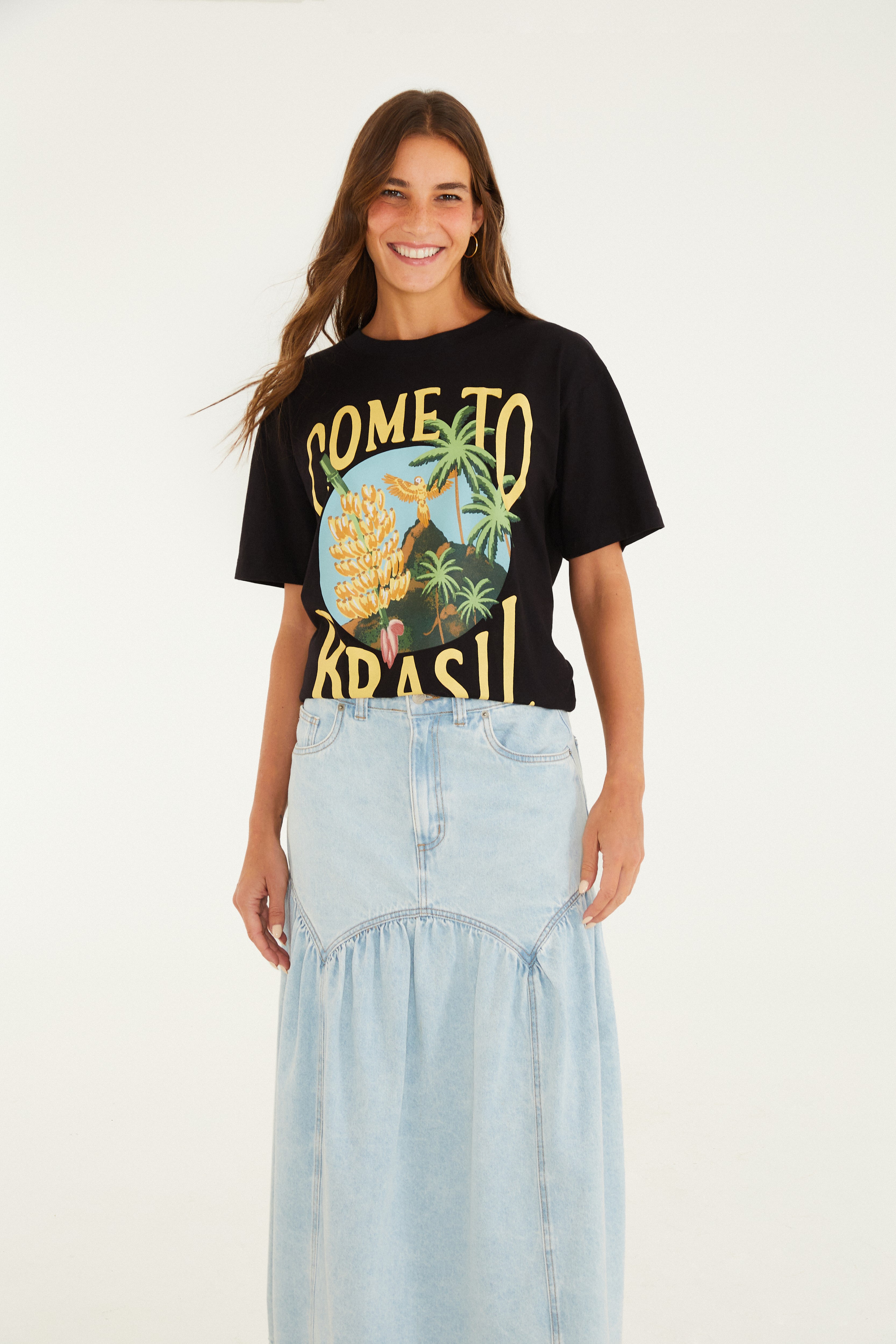 Saia Midi Jeans Pala Curva Franzida