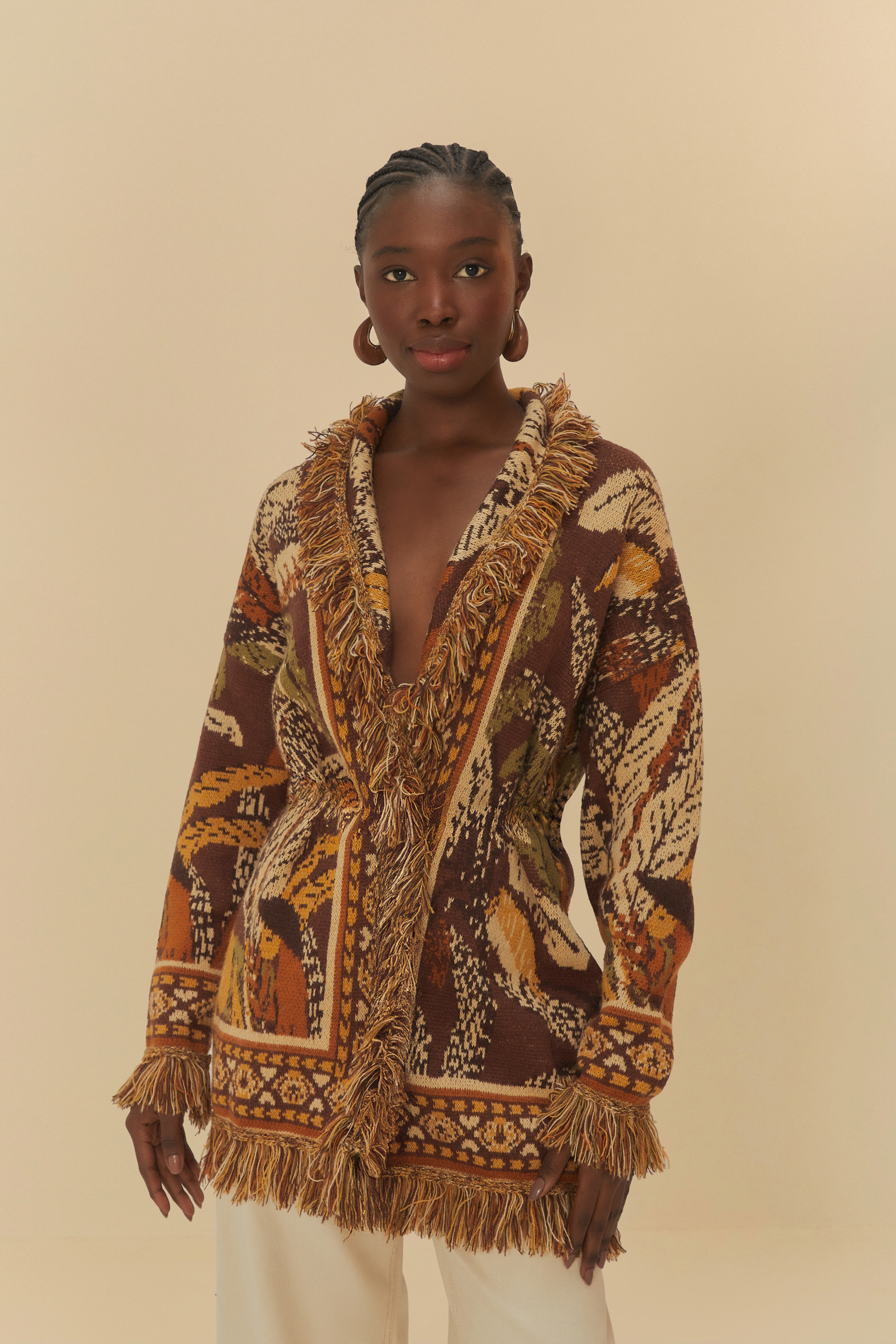 Cardigan Longo Tricot Franja Floresta