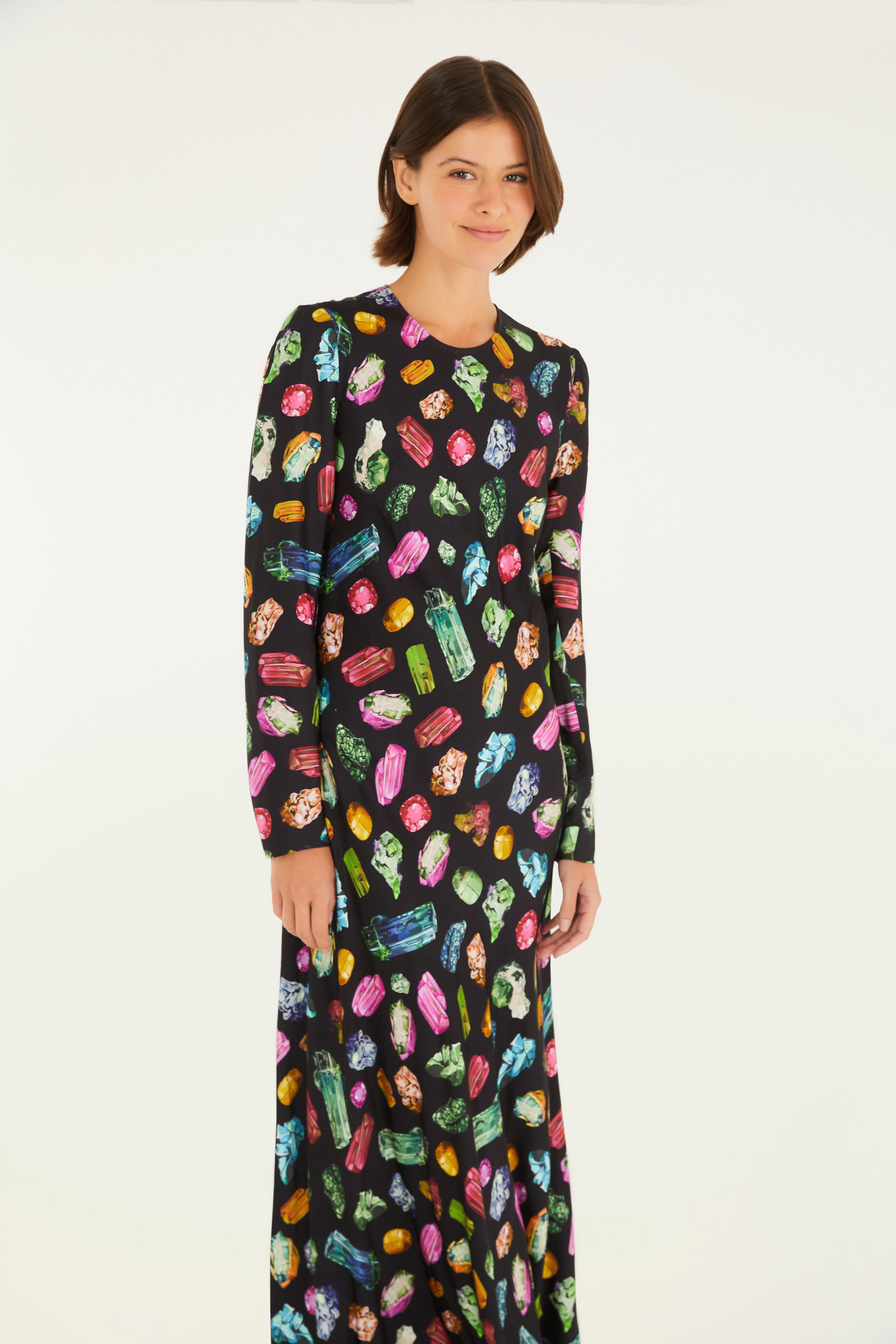 Vestido Longo Estampado Pedras Preciosas