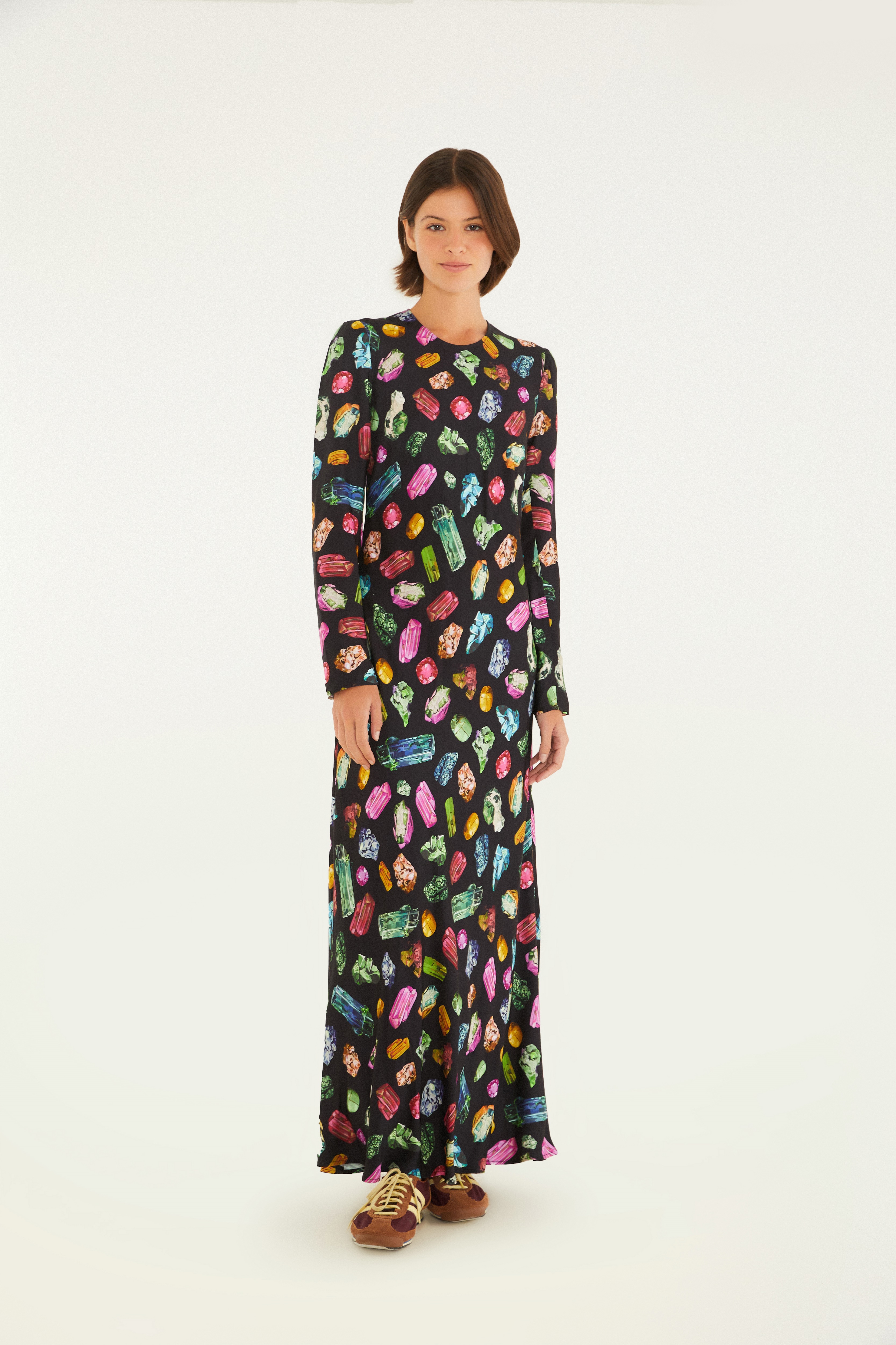 Vestido Longo Estampado Pedras Preciosas