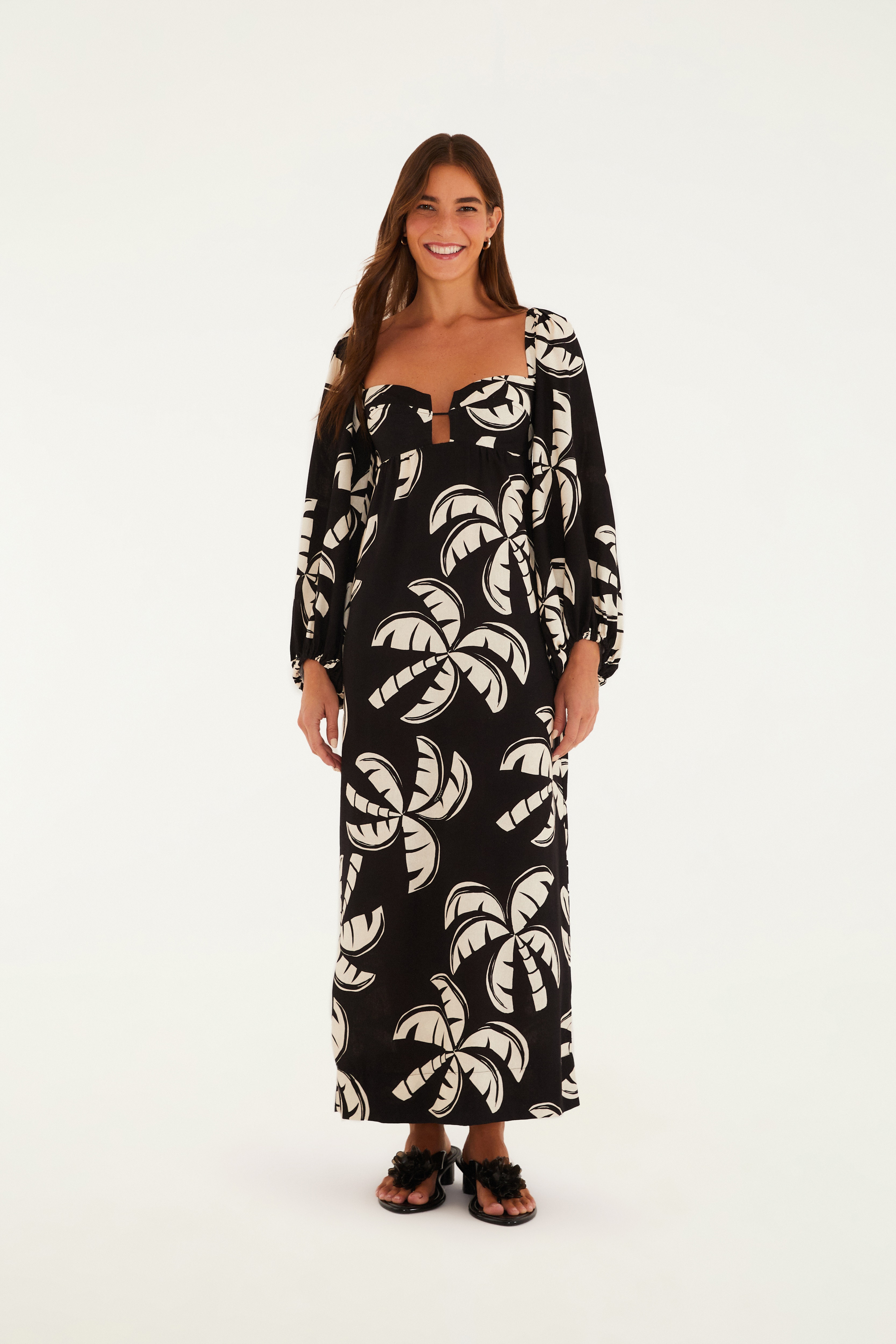 Vestido Longo Manga Estampado Coqueirada