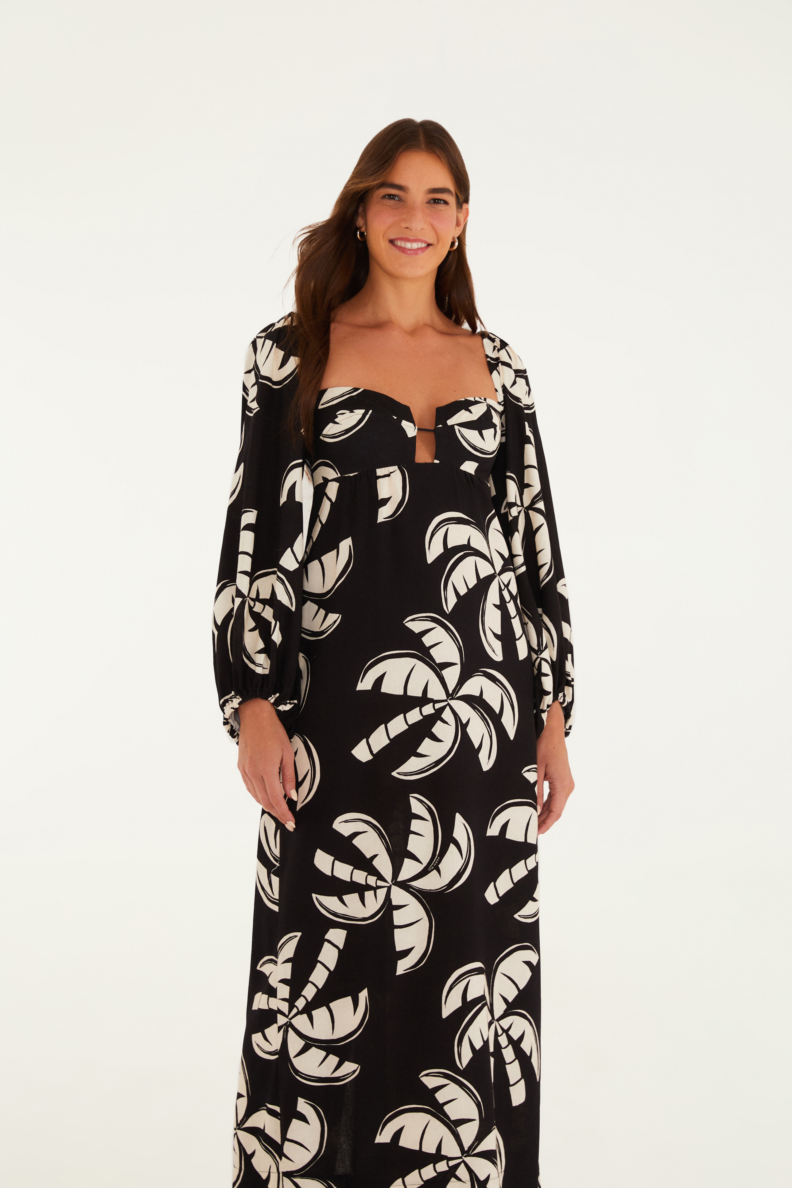Vestido Longo Manga Estampado Coqueirada