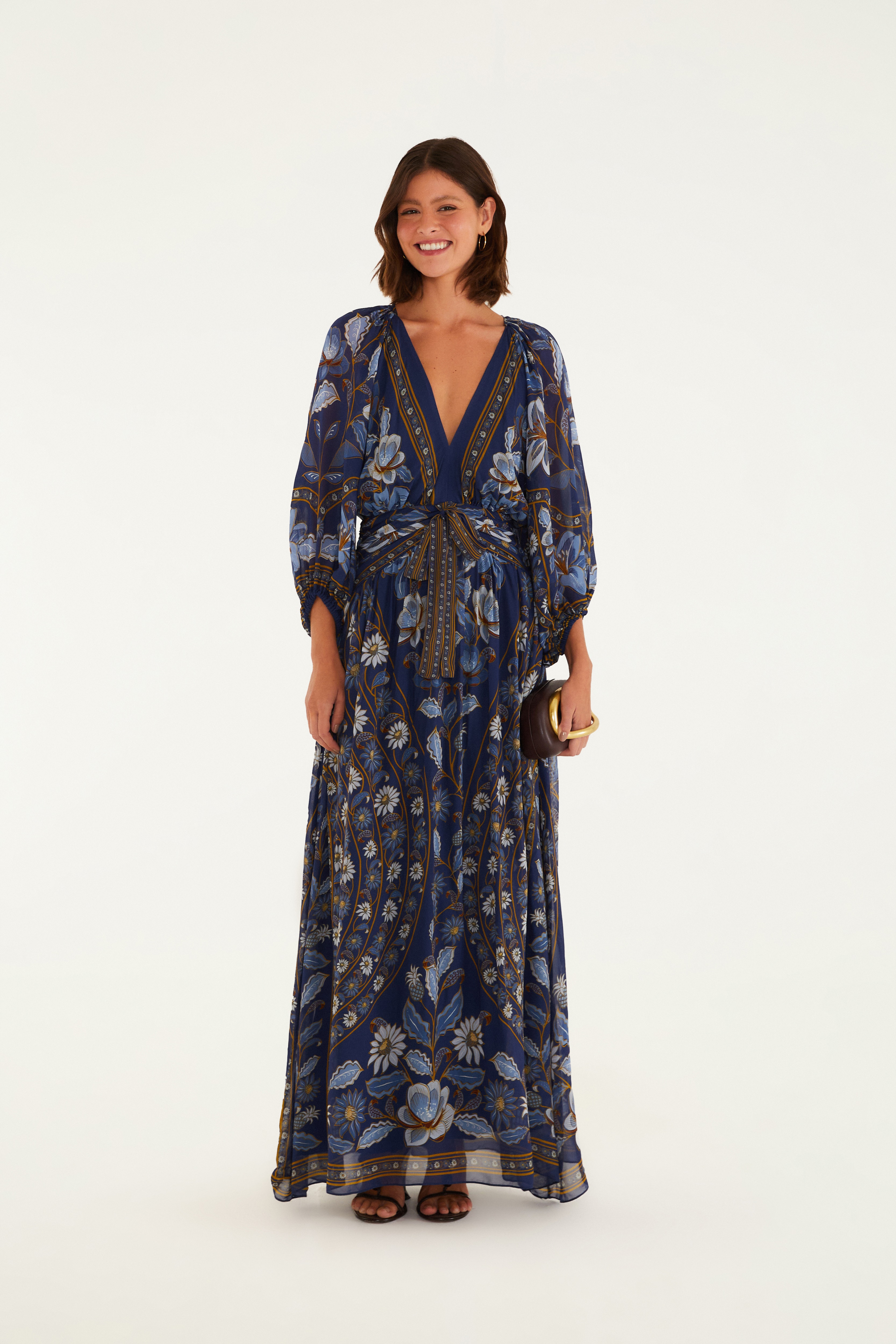 Vestido Longo Manga Estampado Marcelle