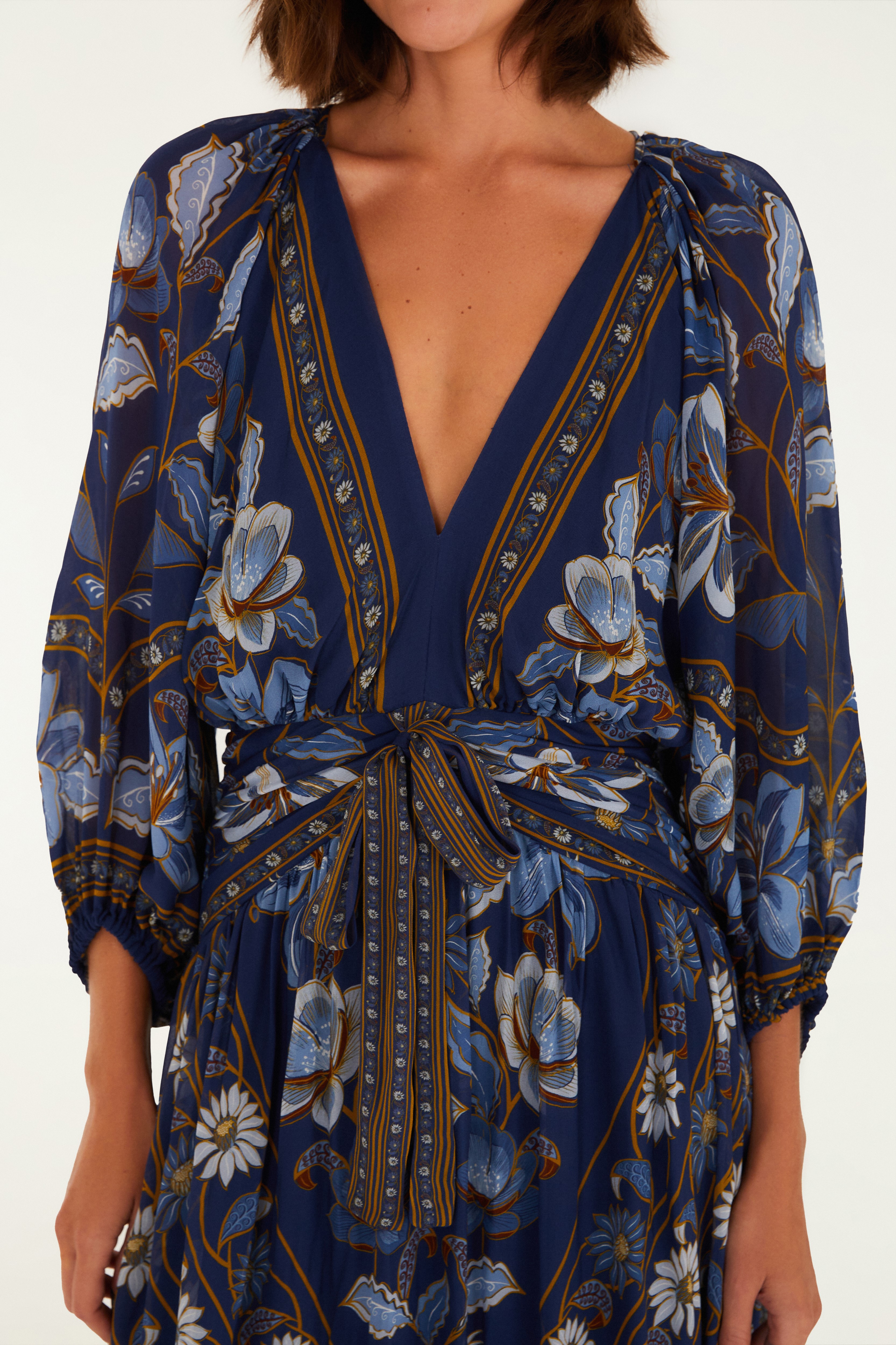 Vestido Longo Manga Estampado Marcelle