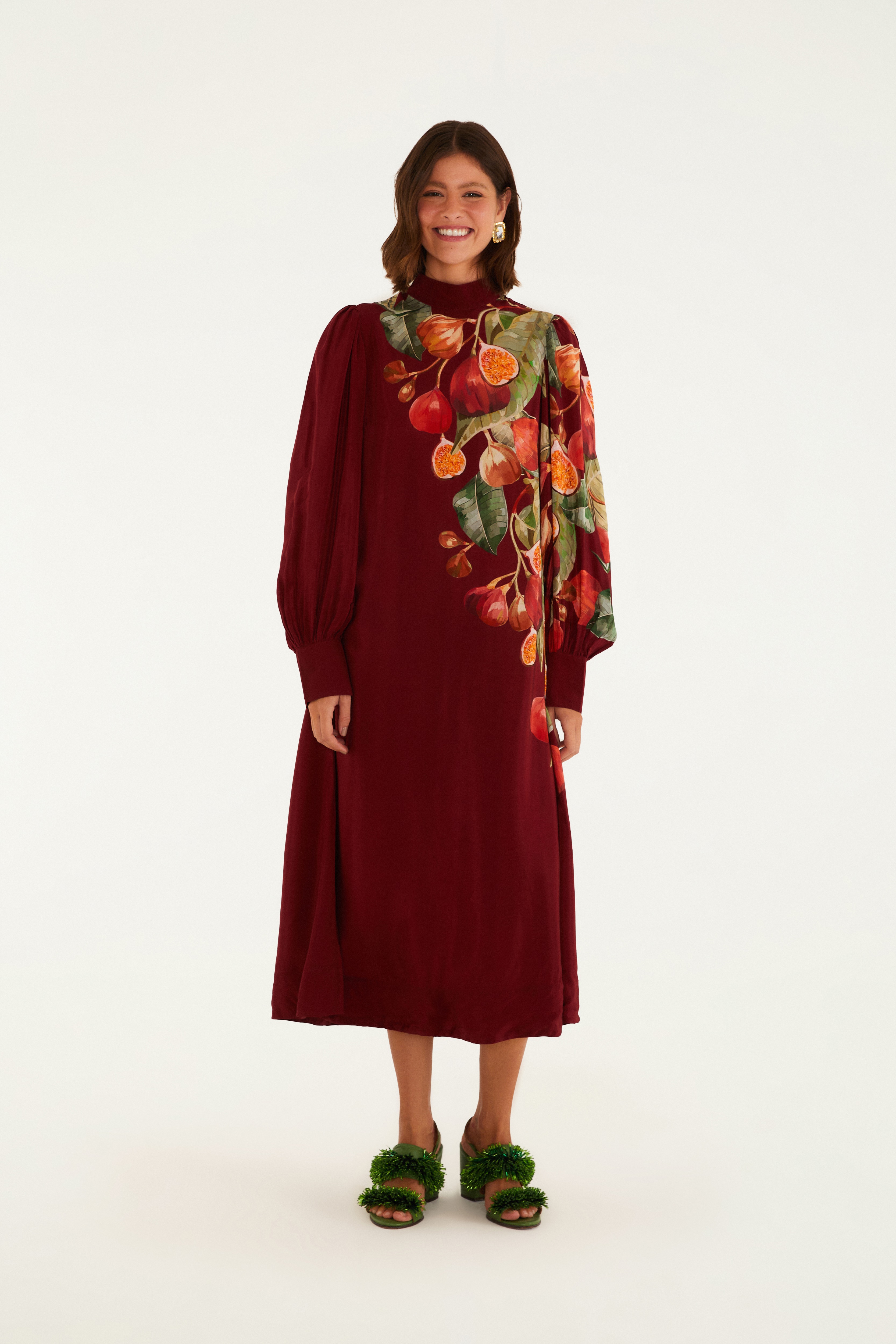 Vestido Manga Longa Estampado Folhagem Figo