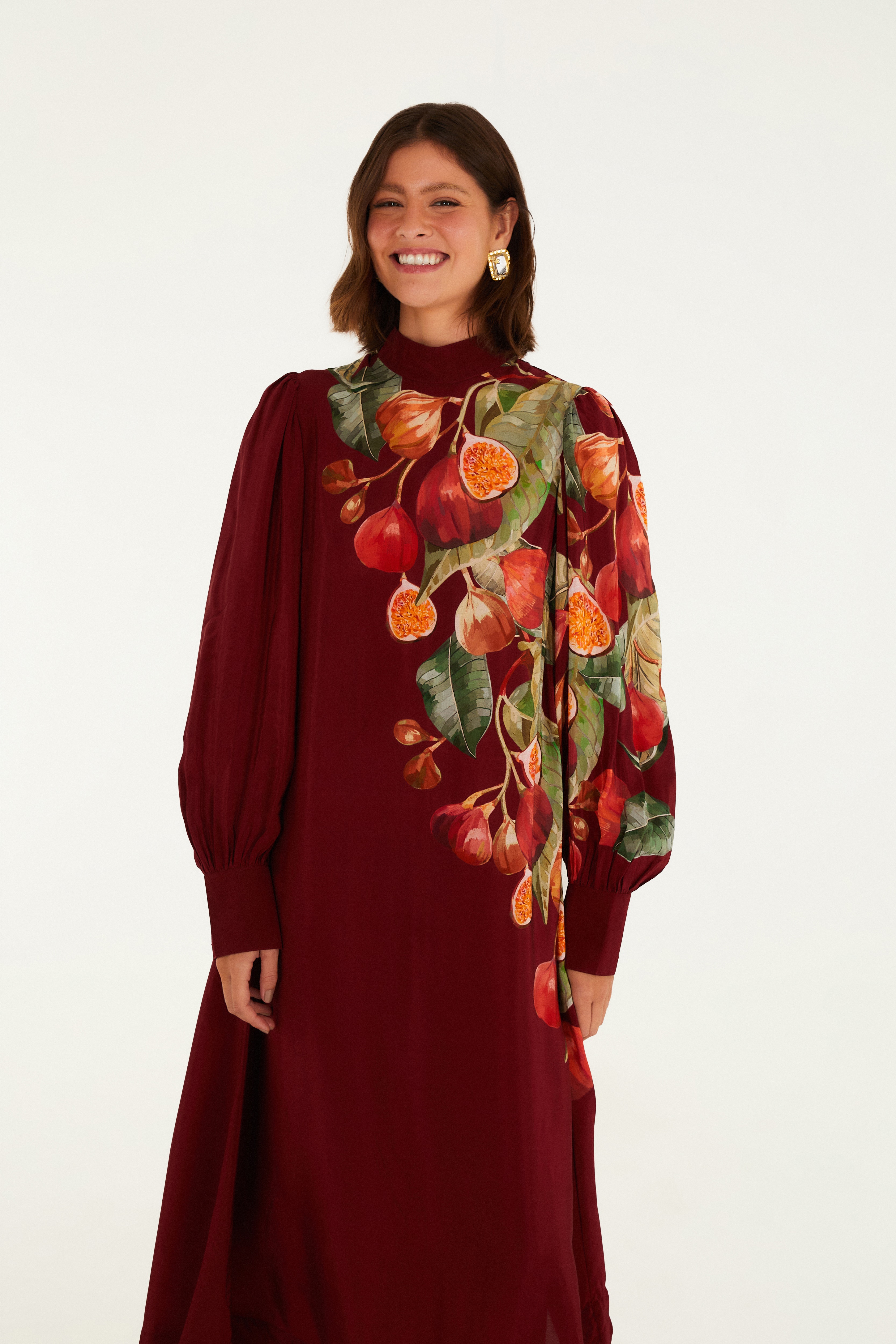Vestido Manga Longa Estampado Folhagem Figo