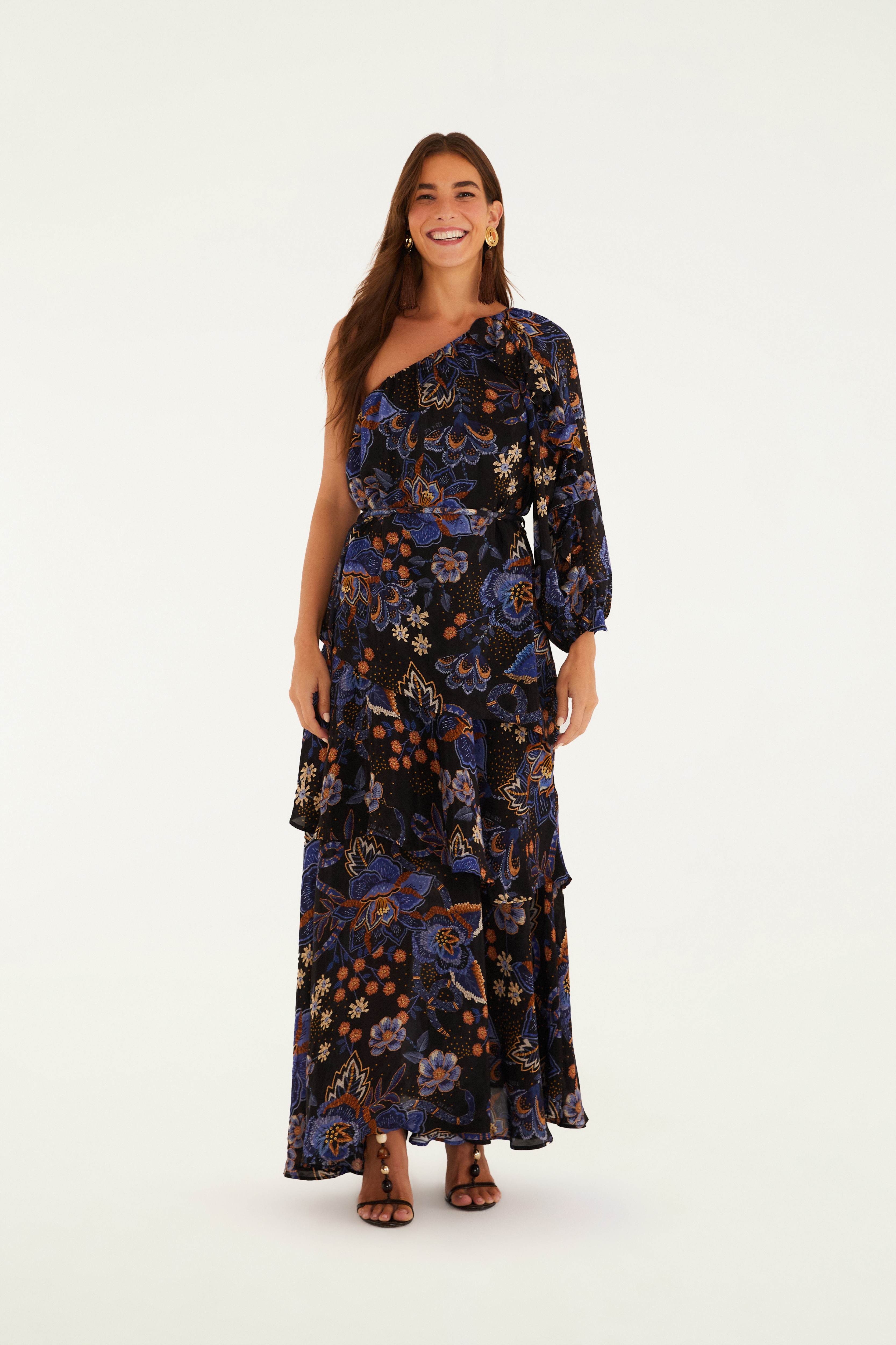 Vestido Longo Ombro Só Estampado Noite Florida