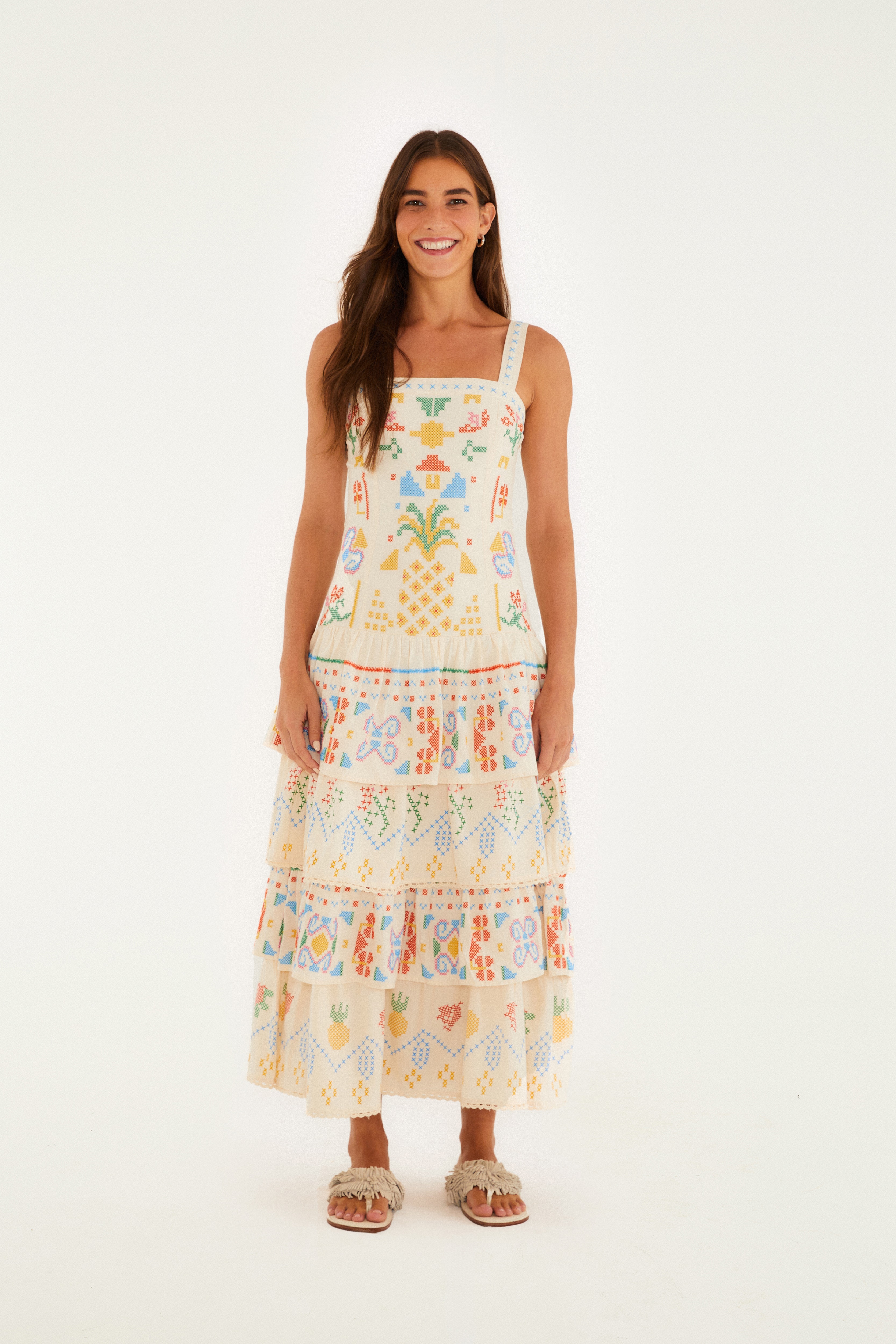 Vestido Babados Bordado Estampado Almafi
