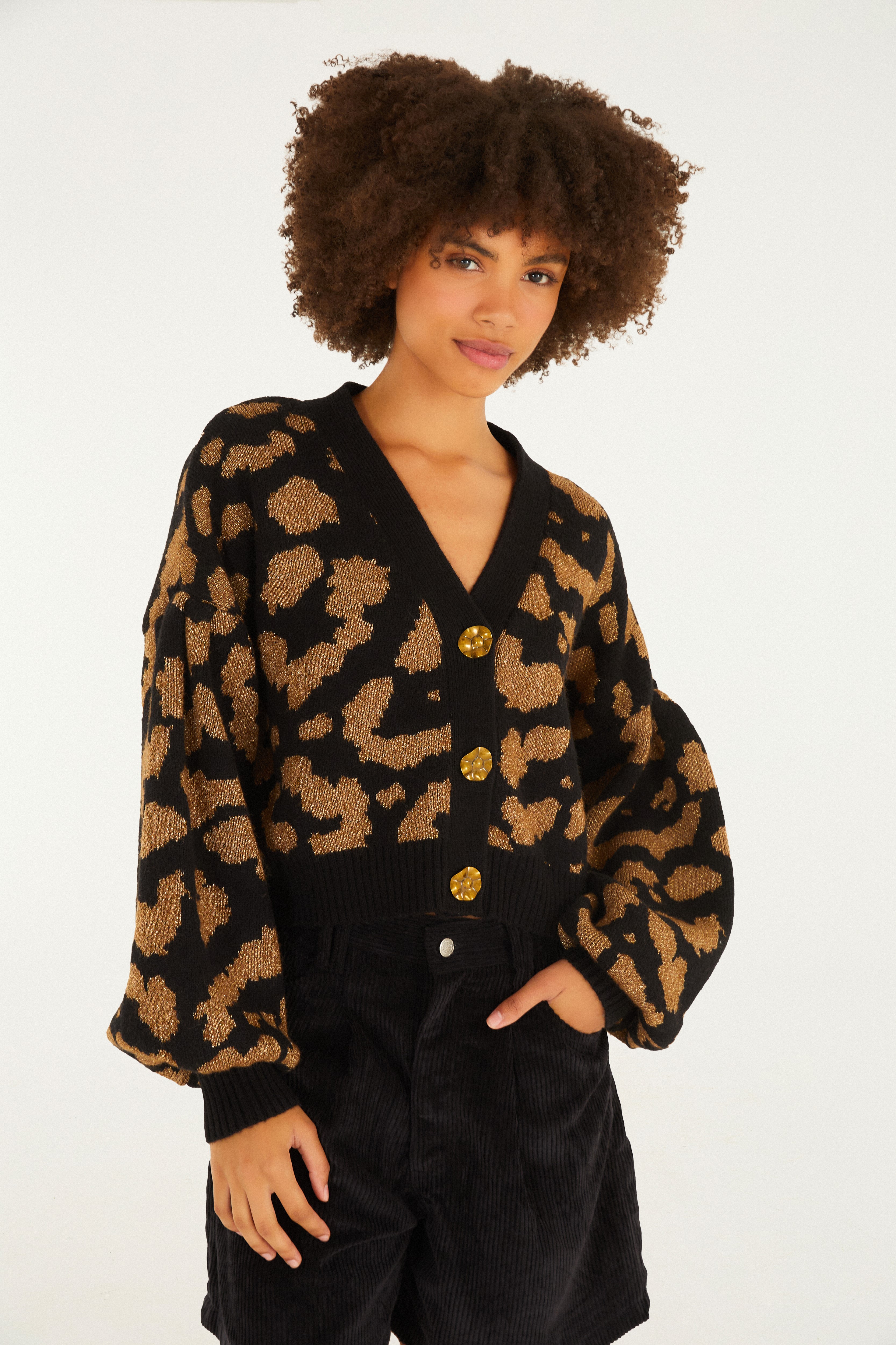 Cardigan Curto Tricot Lurex Onça