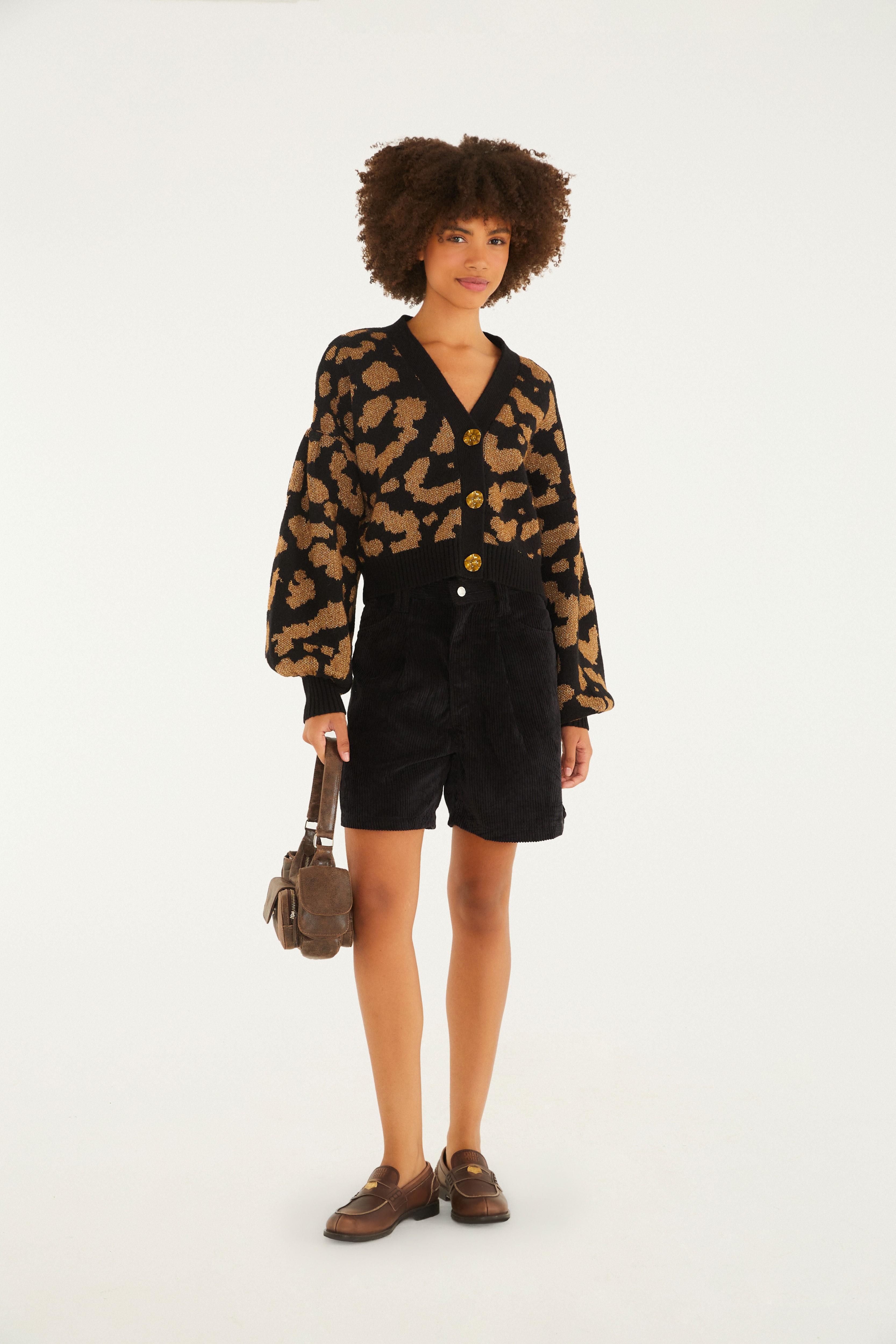 Cardigan Curto Tricot Lurex Onça