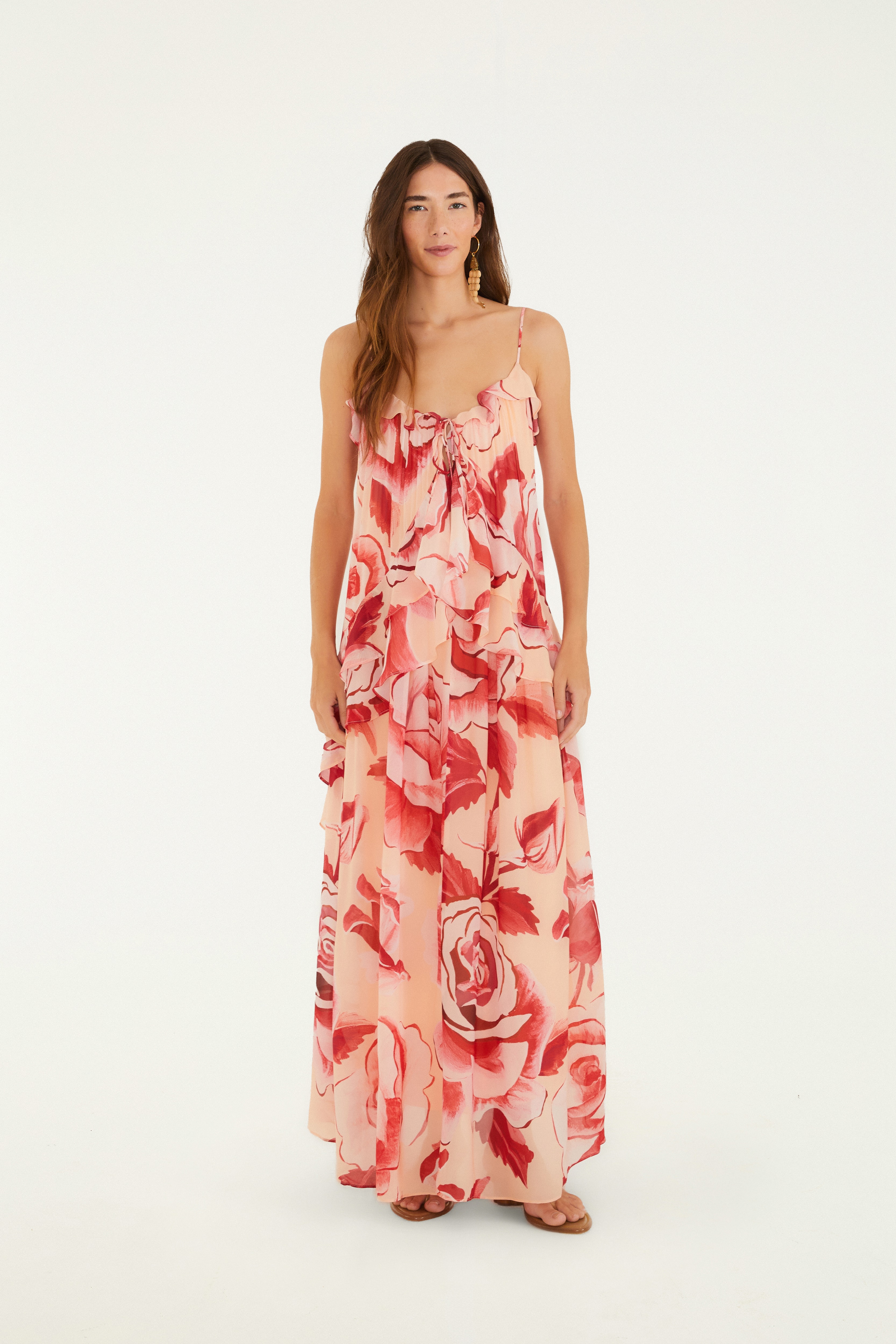 Vestido Longo Estampado Rosas Pintadas