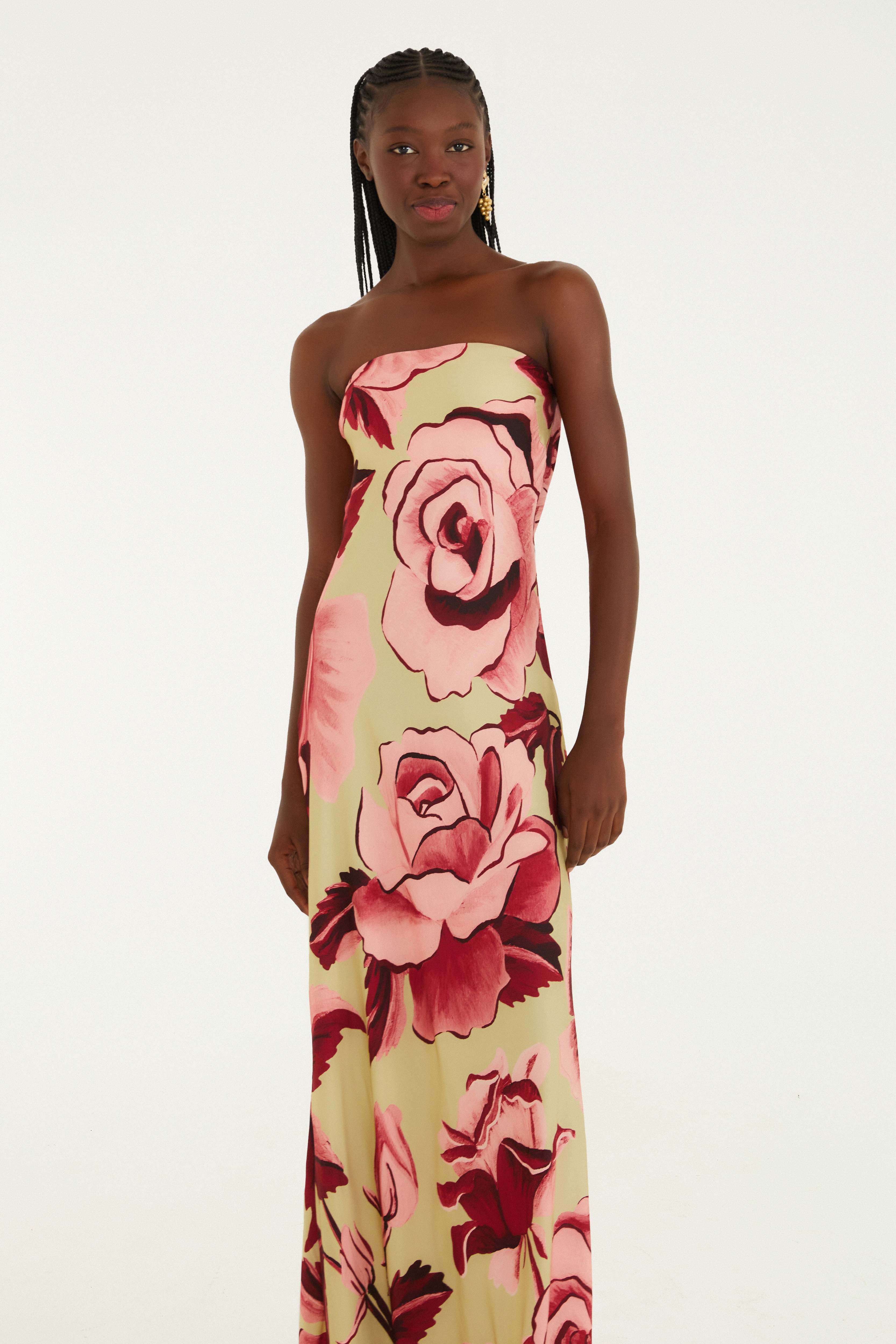Vestido Longo Sem Alça Estampado Rosas Pintadas