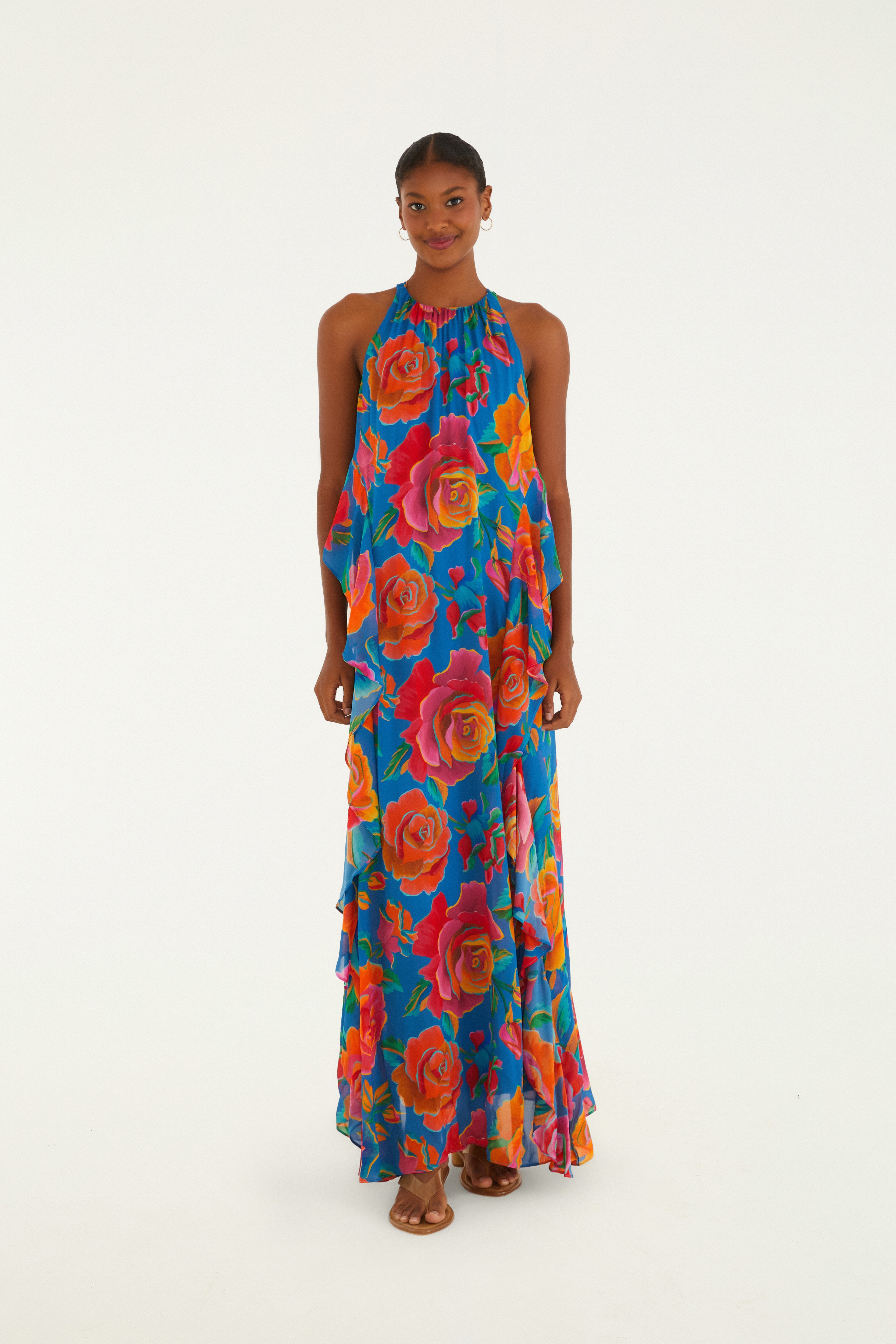 Vestido Babados Estampado Rosas Pintadas