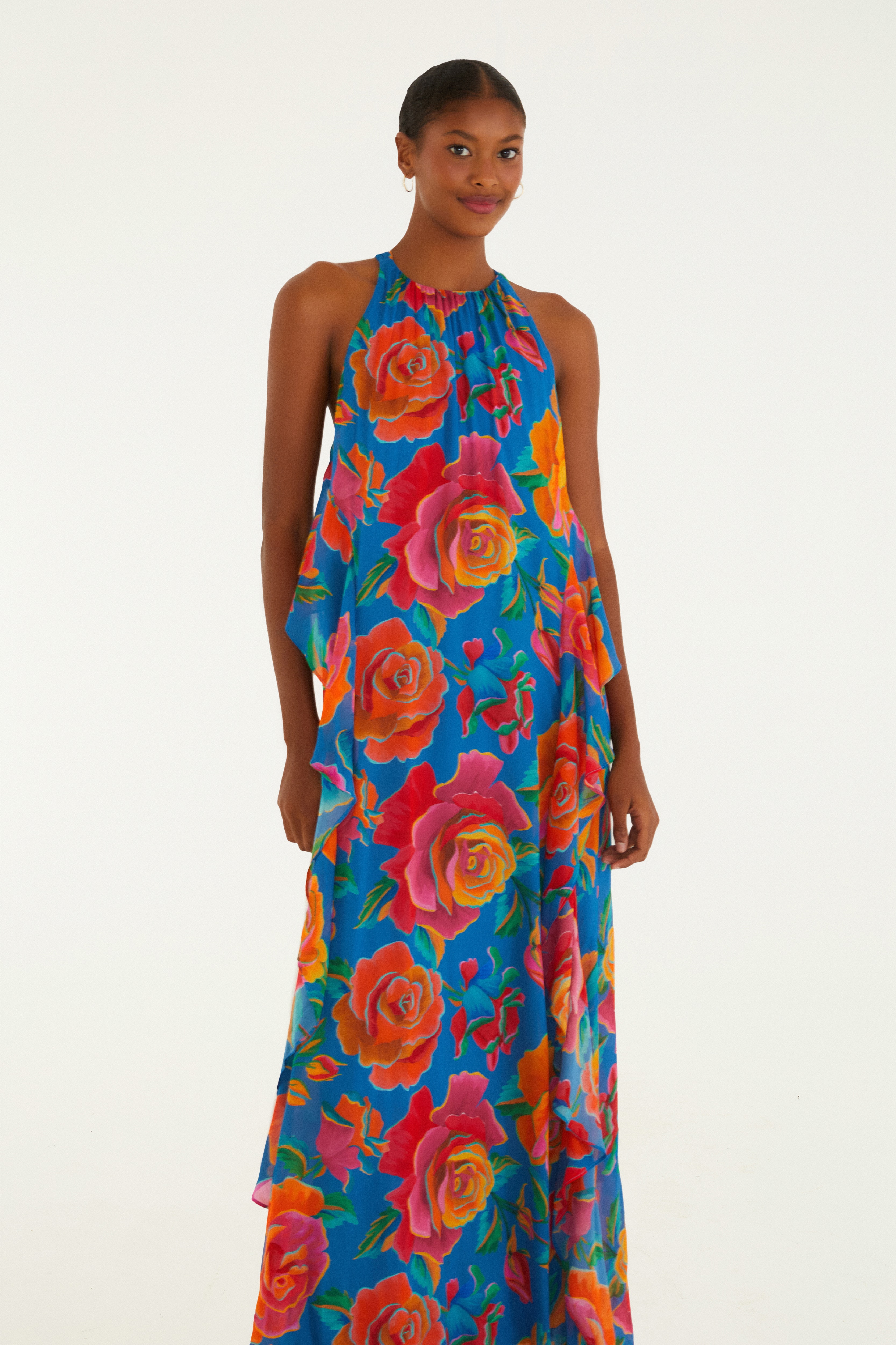 Vestido Babados Estampado Rosas Pintadas