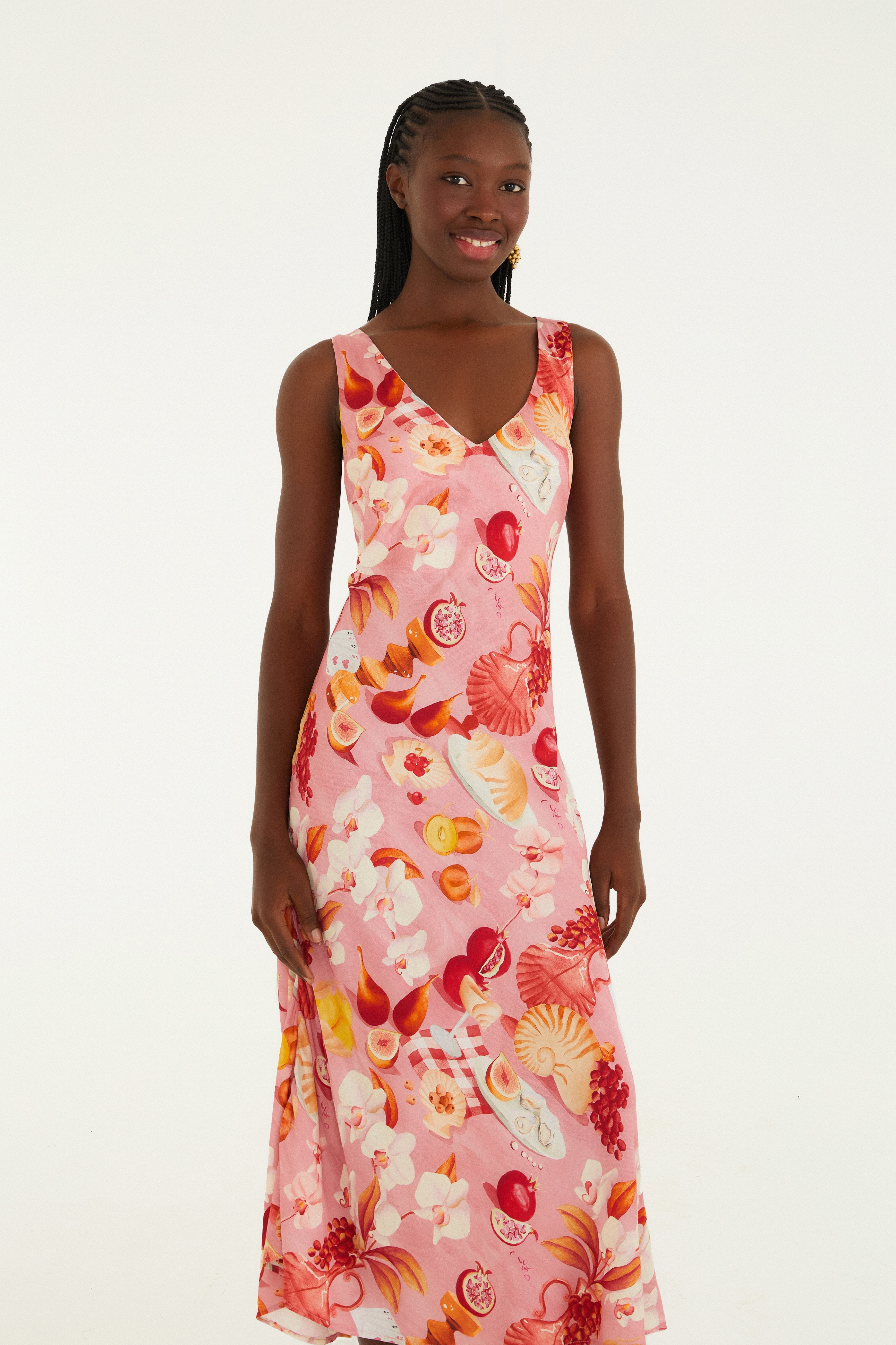 Vestido Decote Estampado Afrodite Rosa Jambo