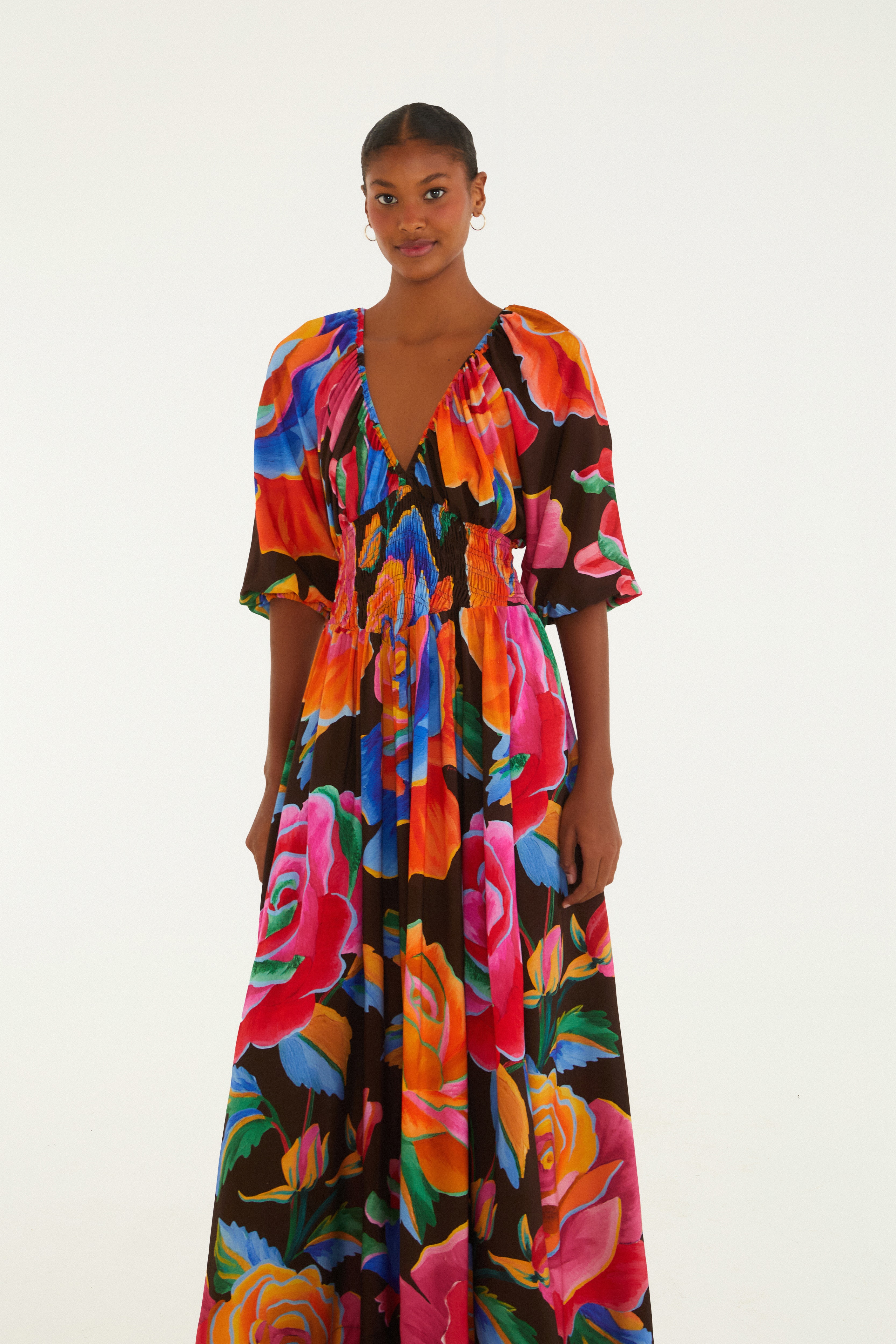 Vestido Longo Estampado Rosas Pintadas